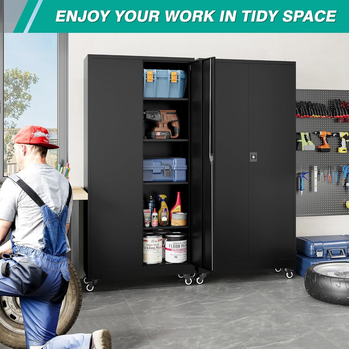 SISESOL Metal Storage Cabinet with Wheels,75 inch Tall Rolling Garage Storage Cabinet with Lock,Black Metal Cabinets with Wheels and Shelves,Deep Heavy Duty Tool Locker for Garage,Home,Office,Shop