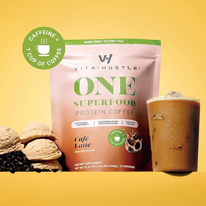VitaHustle ONE Protein Coffee - Superfood Meal Replacement Powder, Plant Based Protein Shake Powder, Vegan. Superfoods, Vitamins, Ashwagandha, Functional Mushroom Blend (Cafe Latte) 15 Servings