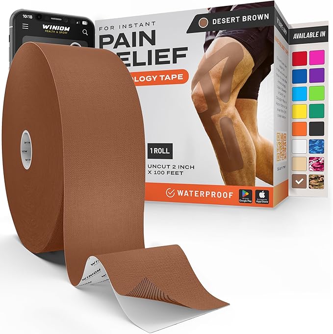 Kinesiology Tape-Incredible Support for Athletic Sports and Recovery + Free Taping Guide-Uncut 2 inch 100 feet Roll (Desert Beige (Brown) + Free Taping Guide, Pack of 1)