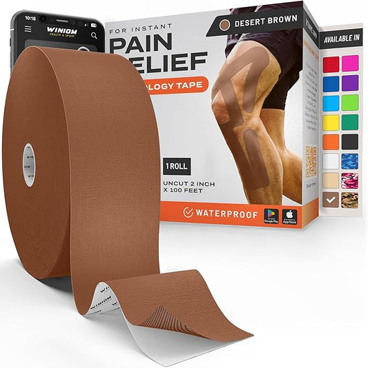 Kinesiology Tape-Incredible Support for Athletic Sports and Recovery + Free Taping Guide-Uncut 2 inch 100 feet Roll (Desert Beige (Brown) + Free Taping Guide, Pack of 1)