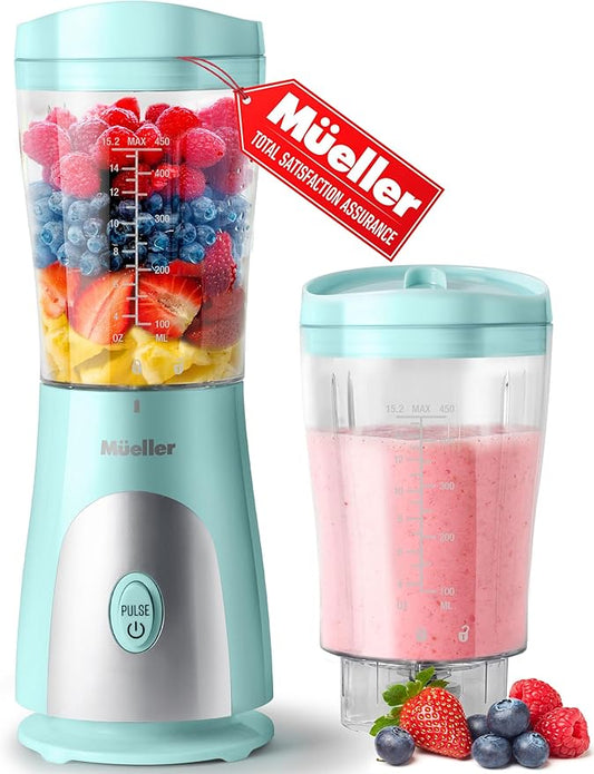 Mueller Personal Blender for Shakes and Smoothies with 15 Oz Travel Cup and Lid, Juices, Baby Food, Heavy-Duty Portable Blender & Food Processor, Turquoise