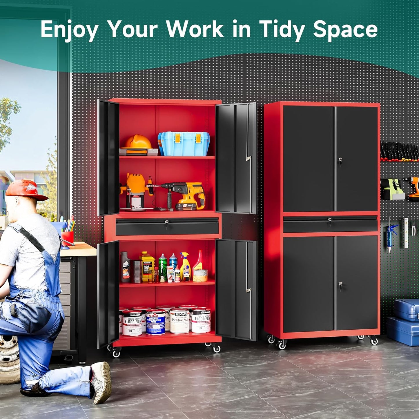 SISESOL Metal Storage Cabinet with Wheels and Drawer,Rolling Garage Storage Cabinet with Lock,Black Red Metal Cabinets with Wheel,73" Mobile Tall Tool Cabinets on Wheel for Home,Office,Garage,Shop