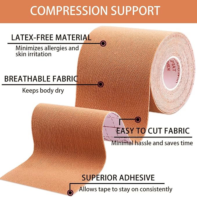 3 Pack Kinesiology Tape, Water Resistant Muscle Support Adhesive Sport Tape for Pain Relief, Latex Free Cotton Elastic Athletic Tape for Joints, Knee, Ankle, Shoulder, Wrist - Tan 3in 5.5yd