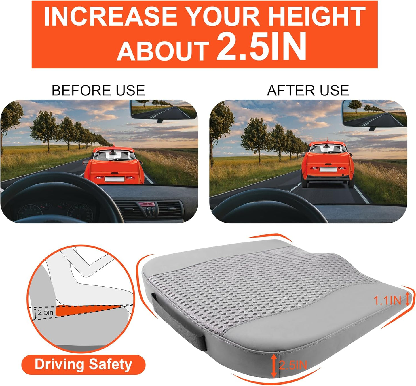 Car Seat Cushion, Comfort Memory Foam Car Cushions for Driving - Sciatica & Lower Back Pain Relief, Driver Seat Pillow for Auto, Office Chair, Wheelchair - 4D Mesh Gray