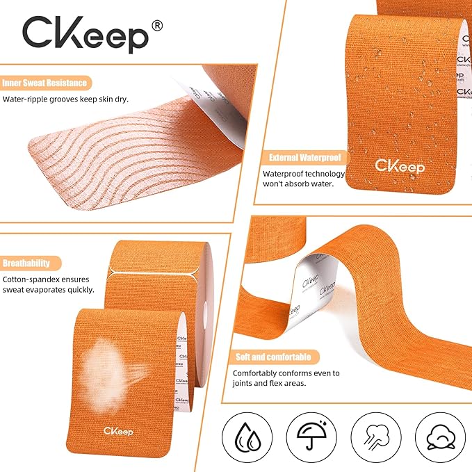 CKeep 4 Rolls Kinesiology Tape, Original Cotton Elastic Athletic Tape, 20 Precut 10" Strips Each, Orange, Ideal for Muscle Support & Injury Prevention