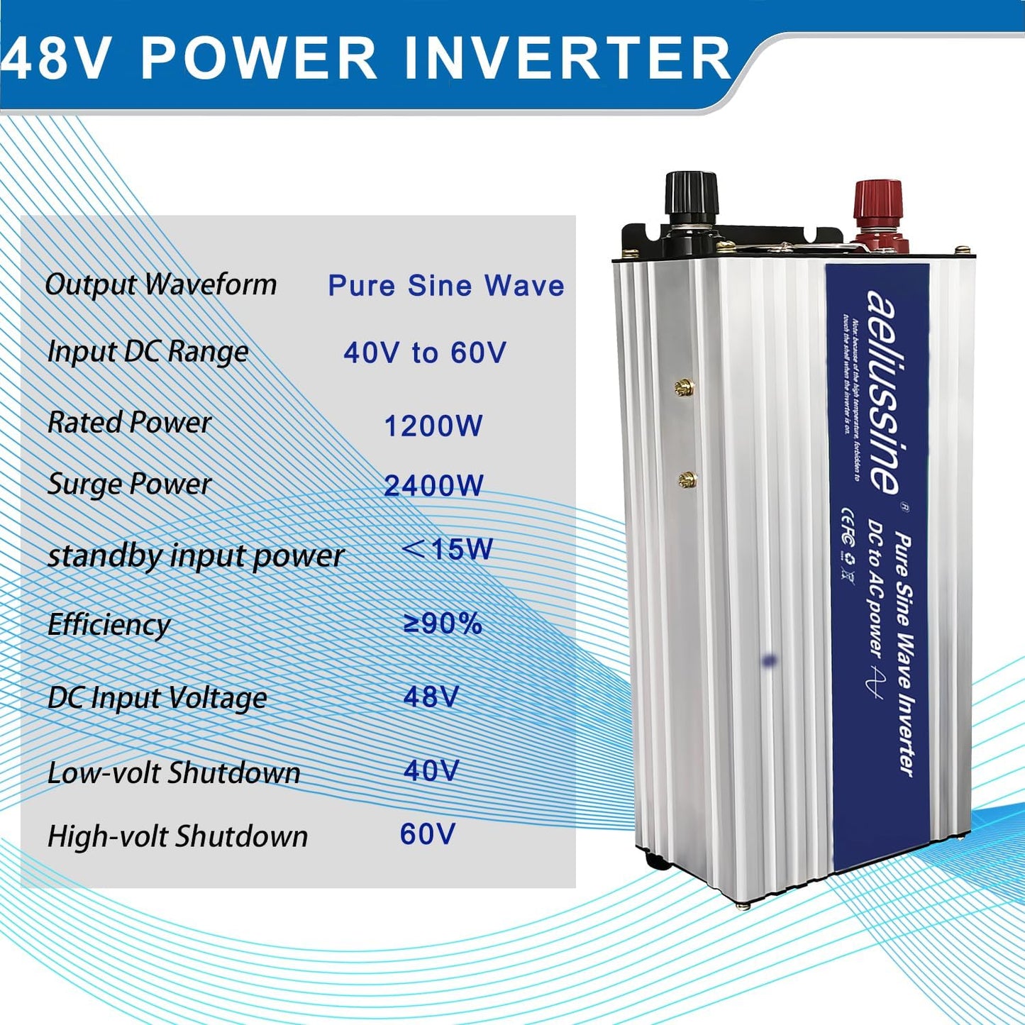 1200W Pure Sine Wave Inverter-48V DC to 110V 120V AC Power Converter with 2 AC Outlets, 48 Volt Power Inverter for Truck, Rv, Camping, Home, Emergency Power