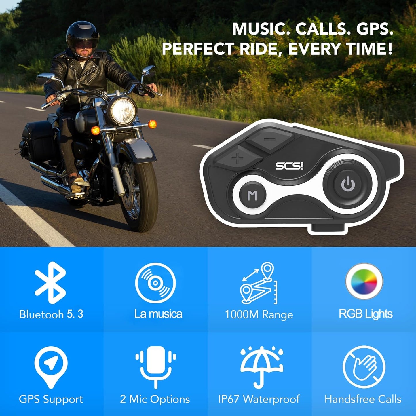 Motorcycle Bluetooth Intercom Helmet Headset with Music Sharing, Earphones for 2 Riders up to 1000M Communication, Waterproof IP67 with Handsfree, Stereo Music, GPS & 2 Mic Options, 1 Pac
