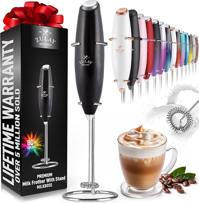 Zulay Kitchen Powerful Milk Frother Wand - Ultra Fast Handheld Drink Mixer - Electric Whisk Foam Maker for Coffee, Lattes, Cappuccino, Frappe, Matcha, Hot Chocolate & Coffee Creamer - Milk Boss Black