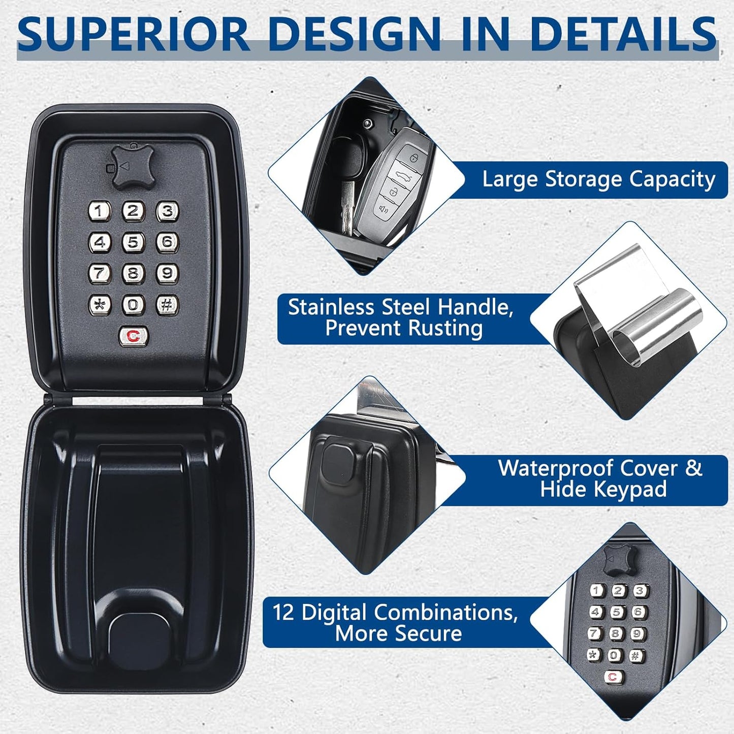 Car Window Punch Button Lock Box, Black Portable Car Key Lock Box with Key Labeling Tag, Sturdy Waterproof Large Capacity Lock Box for Turo, Ride Share, GetAround