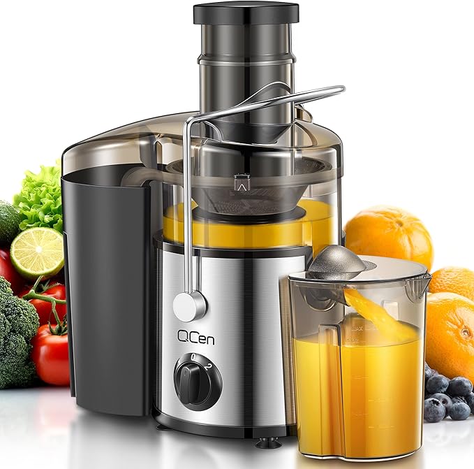 QCen Juicer Machine, 500W Centrifugal Juicer Extractor with 3” Wide Mouth Feed Chute for Fruits & Vegetables, Easy to Clean, Stainless Steel, BPA-Free