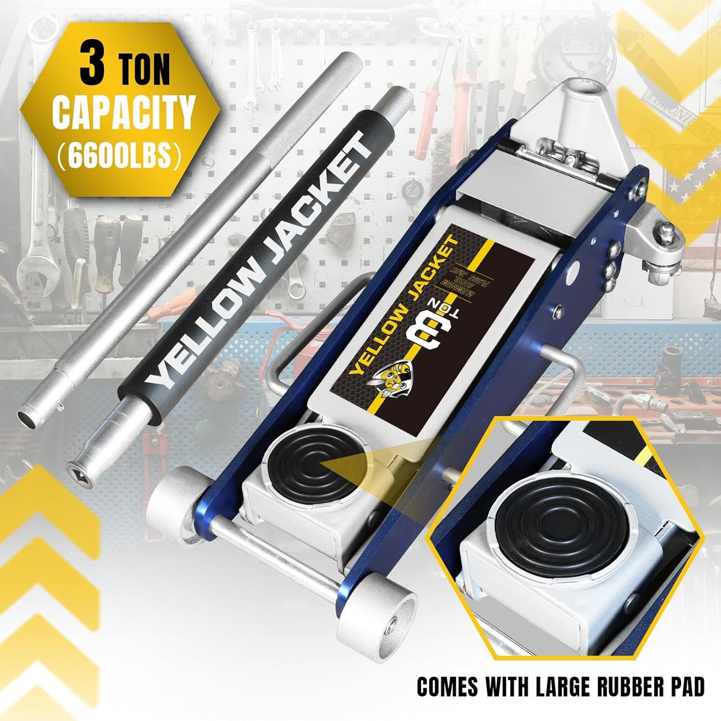 YELLOW JACKET Floor Jack 3 Ton Hydraulic Low Profile Aluminum and Steel Racing Car Jack with Fast Lifting Dual Pump for SUV,Truck, MVP,6600 lbs Capacity