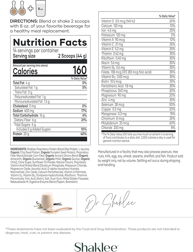 Shaklee Life Shake™ Plant Protein French Vanilla - Complete Meal Replacement with 20g Protein, 6g Fiber, 24 Vitamins & Minerals - Supports Satiety & Healthy Weight - Non-GMO - 14 Servings