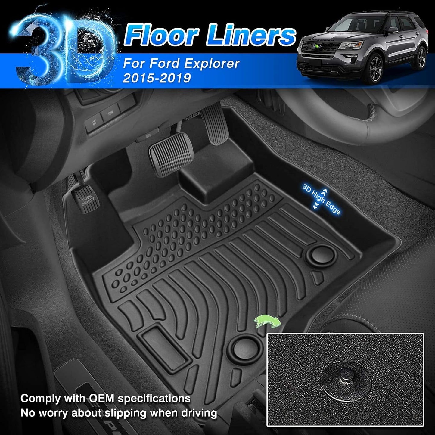 Cartist Compatible with Floor Mats Ford Explorer 2015-2019 All Weather Floor Liners 1st & 2nd Row Seat TPE Odorless High Edge Mat