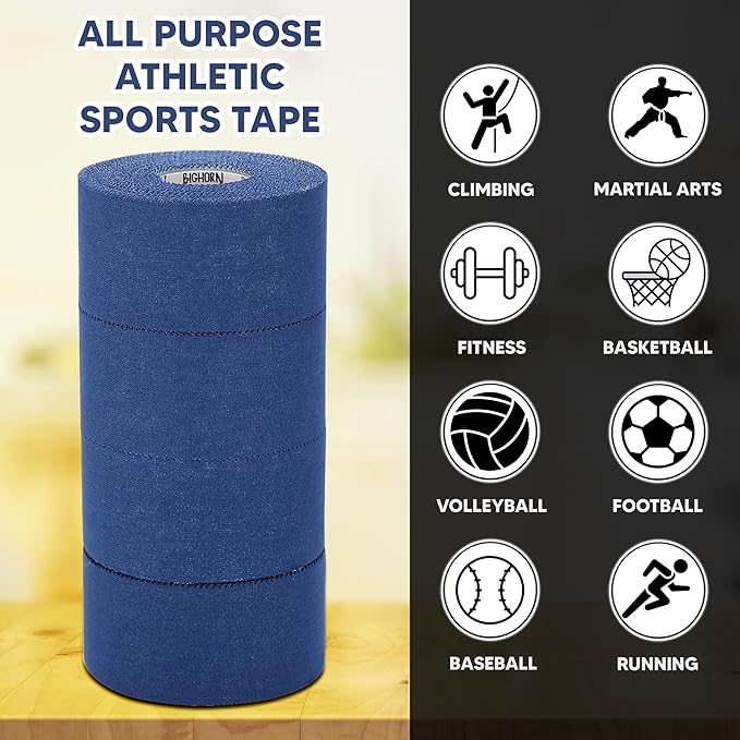 Bighorn Athletics Sports Tape | EZ-Tear Blue Athletic Tape for Wrist, Ankle & Foot Support | Zinc Oxide Infused & Latex-Free Adhesive, Breathable Cotton Fabric, 1.5-Inch x 45-Feet, 4 Rolls, Blue