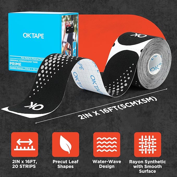 OK TAPE Synthetic Kinesiology Tape Precut Strips, Waterproof Kinesiology Athletic Tape for Joint & Muscle Support, Reflective and Durable K Tape, 2in×16.4ft Roll 20PCS, Black