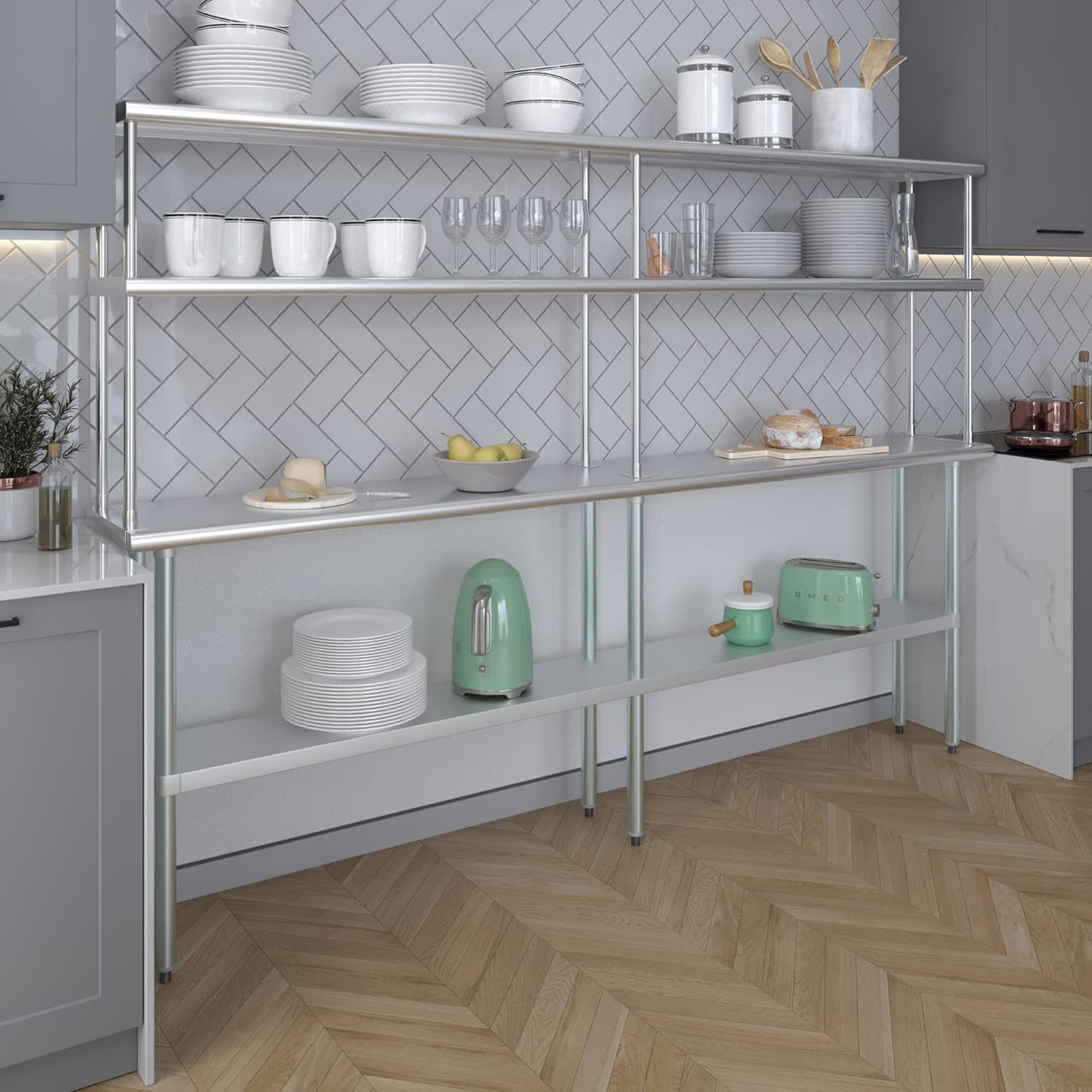 Amgood Stainless Steel Work Table Double Tier Overshelf | Metal Kitchen Prep Table & Shelving Combo | NSF (14" x 96" Work Table + 12" Overshelf)