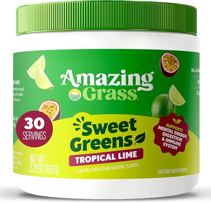 Amazing Grass Sweet Greens and Superfoods Powder for Digestive Health, Greens Powder, Digestive Enzymes, Probiotics, Spirulina, Chlorella, Tropical Lime, 30 Servings