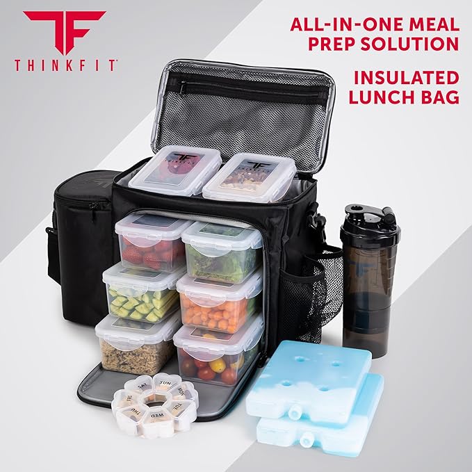 ThinkFit Large Black Meal Prep Lunch Bag, 8 Portion Control Containers, Pill Dispenser, Shaker Cup & 2 XL Reusable Ice Packs