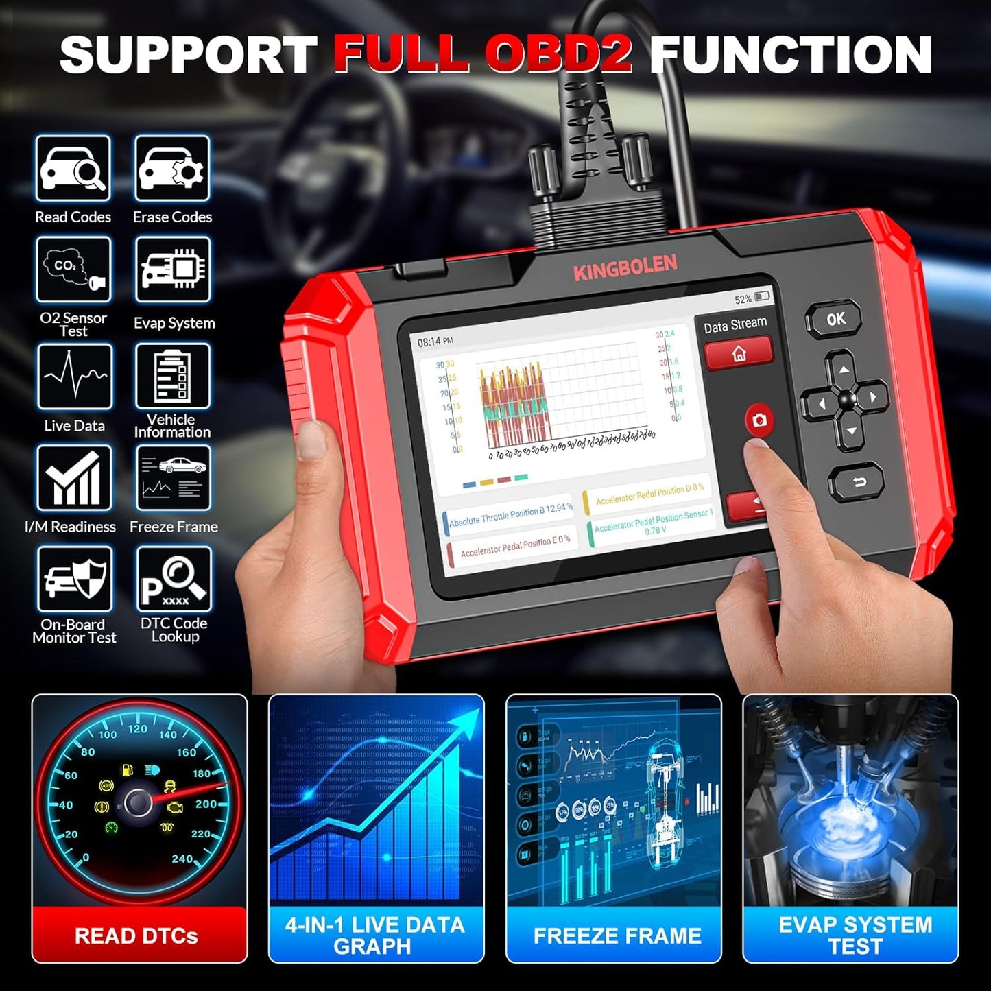 KINGBOLEN S800 OBD2 Scanner Diagnostic Tool,ABS SRS Engine at Automotriz Code Reader with 15 Resets,Oil SAS TPMS Gearbox Brake,FCA AutoAuth Automotive Scan Tool,AutoVIN,All Cars Lifetime F-Ree Update