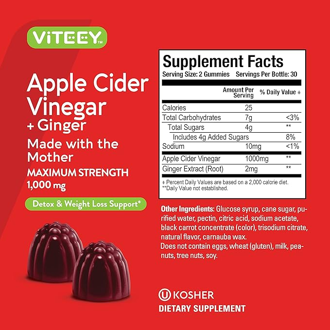 Viteey Apple Cider Vinegar Gummies and Ginger – 1000 mg ACV Gummies for Weight Loss, Detox and Digestion – Vegan, Gluten-Free – 60 Count