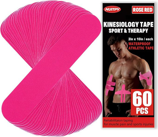 60PCS Precut Kinesiology Tape Strips, 2 inch x 10 inch Athletic Tape, Kinetic Tape, Elastic Muscle Tape, Sports Tape, Knee Tape for Exercise and Daily Use - Rose Red