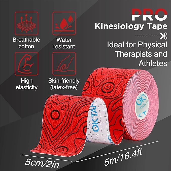 OK TAPE PRO Kinesiology Tape Uncut Roll, Elastic Physical Therapy Athletic Tape for Pain Relief, Muscle Support, Kinetic Tape, Water Resistant, 2in X 16.4ft -Red