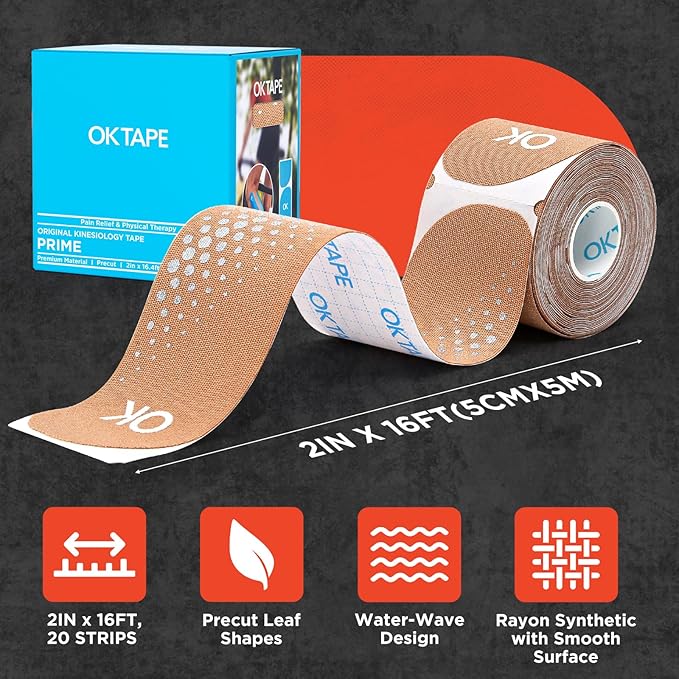 OK TAPE Synthetic Kinesiology Tape Precut Strips, Waterproof Kinesiology Athletic Tape for Joint & Muscle Support, Reflective and Durable K Tape, 2in×16.4ft Roll 20PCS | Beige
