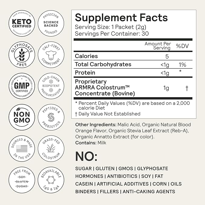 ARMRA Colostrum™ Powder | Blood Orange | Gut Health & Bloating | Skin & Hair | Immunity | Keto, Gluten & Fat-Free | 30 Servings