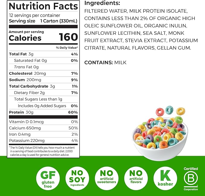 Orgain 30g High Protein Shake, Dairy Isolate Milk Protein, Fruity Cereal, 6g BCAAs, <1g Sugar Per Serving, Meal Replacement, Ready to Drink, Keto Friendly, Gluten-Free 11 Fl Oz (Pack of 12)