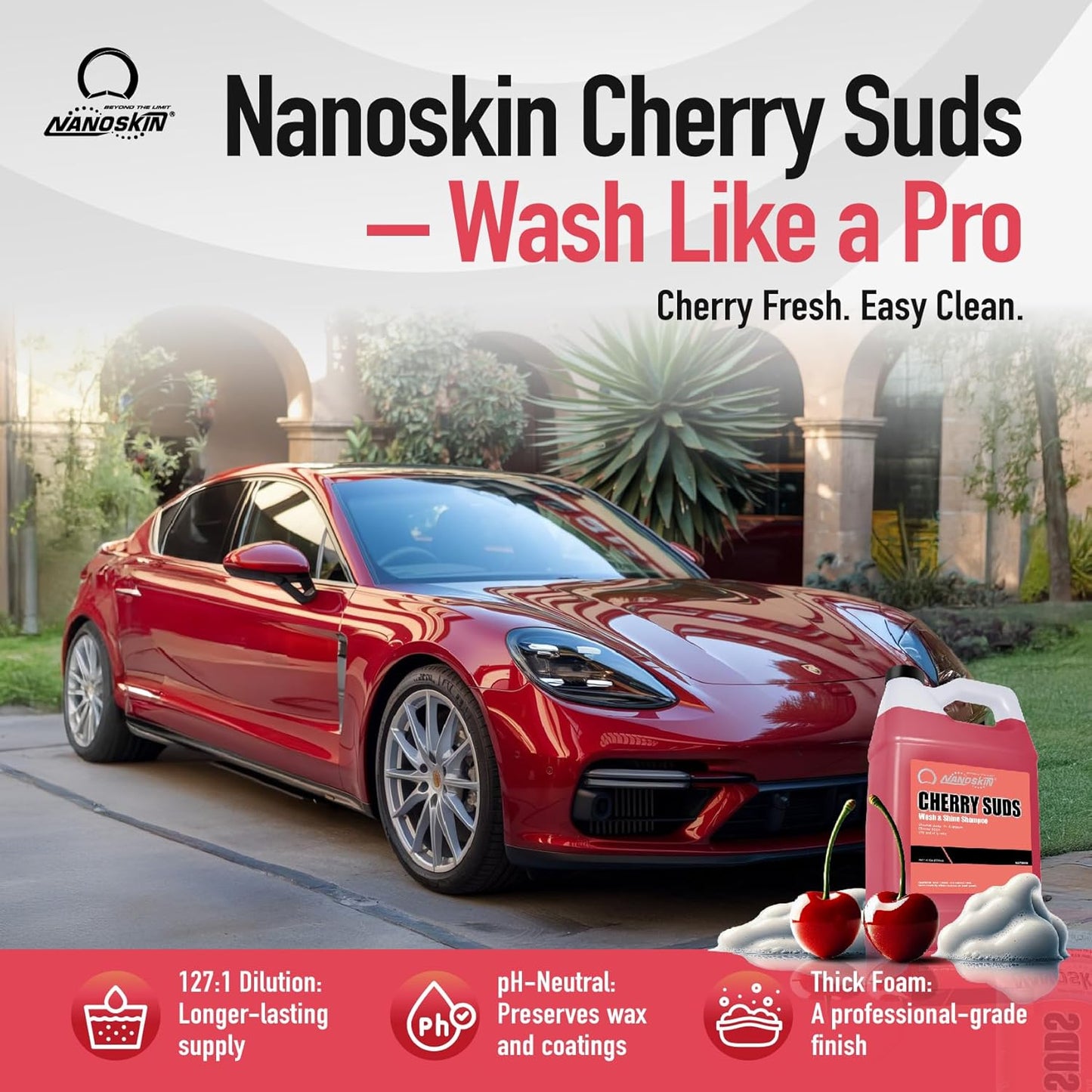 Nanoskin CHERRY SUDS Foaming Car Wash Concentrated Shampoo 5 Gallons for Foam Cannons, Foam Guns, Bucket Washes | Pressure Washer Safe, Cherry-Scented Soap | Ideal for Cars, Trucks, Motorcycles, RVs
