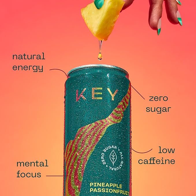 KEY Ketone Energy Drink : Sugar Free, 80mg Low Caffeine, All Natural, 11.5g Ketones, Long Lasting Energy, Green Tea & L-Theanine for Mental Focus, Pineapple Passionfruit (Pack of 12)