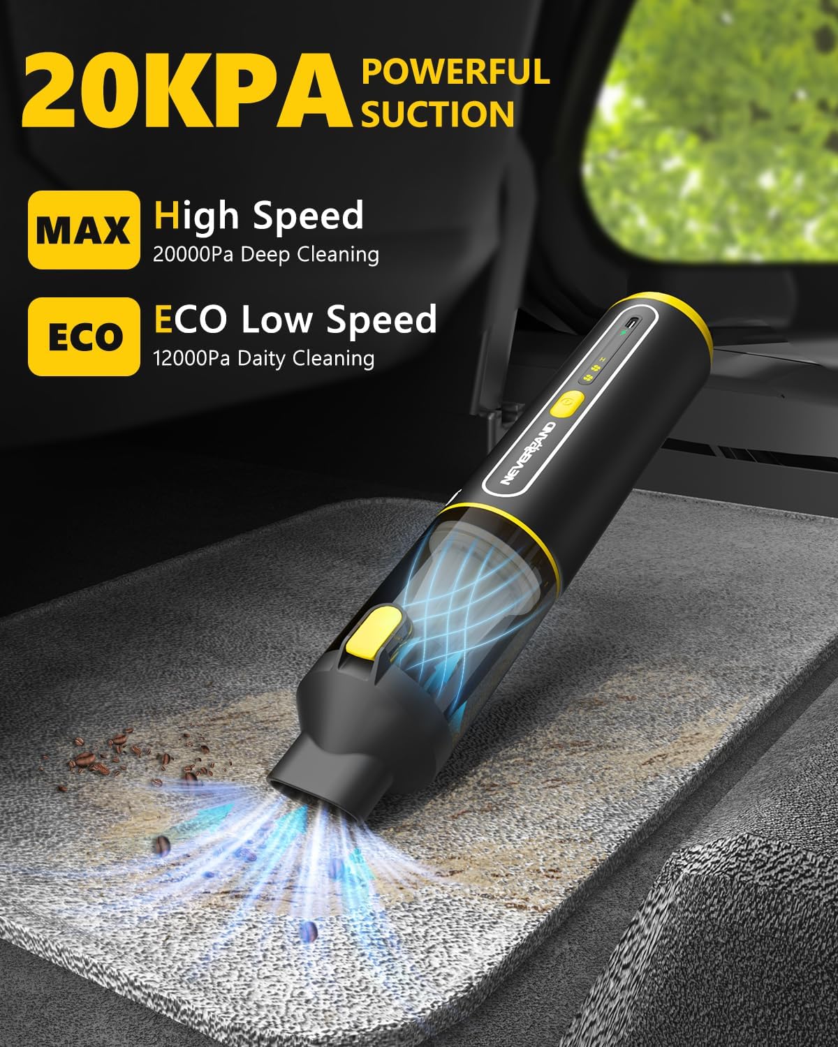 NEVERLAND Car Vacuum Portable Cordless - 20000Pa Powerful Suction Handheld Vacuum Cleaner Blowing & Inflating 4-in-1 Mini Vacuum Cleaner for Car, Office Desk, Keyboards