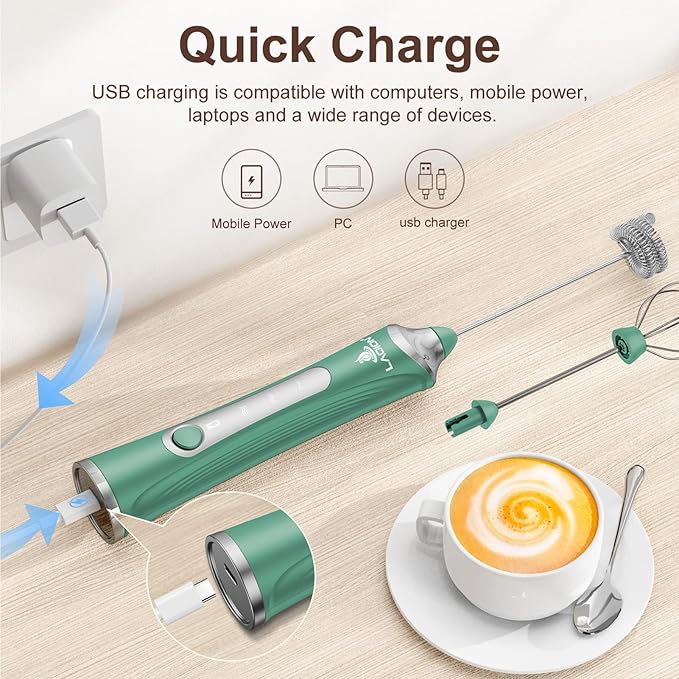 Rechargeable Frother Wand with Stand, Milk Frother with Detachable Stainless Steel Double Rings Whisk, 3-Speed Handheld Electric Drink Mixer for Lattes, Cappuccino, Coffee (Green)