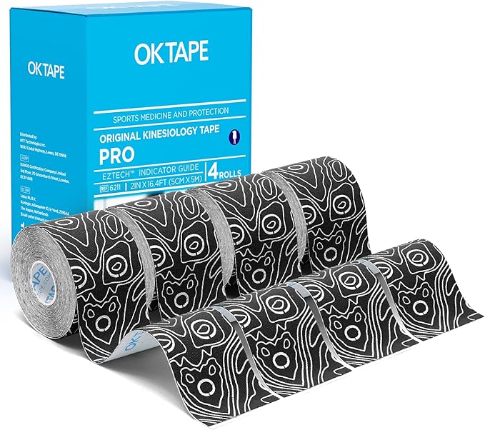 OK TAPE PRO Kinesiology Tape Uncut Roll, Elastic Physical Therapy Athletic Tape for Pain Relief, Muscle Support, Kinetic Tape, Water Resistant, 2in X 16.4ft -Black 4 Pack