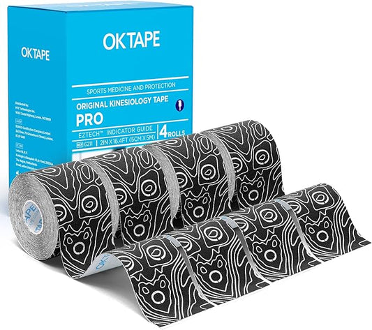 OK TAPE PRO Kinesiology Tape Uncut Roll, Elastic Physical Therapy Athletic Tape for Pain Relief, Muscle Support, Kinetic Tape, Water Resistant, 2in X 16.4ft -Black 4 Pack