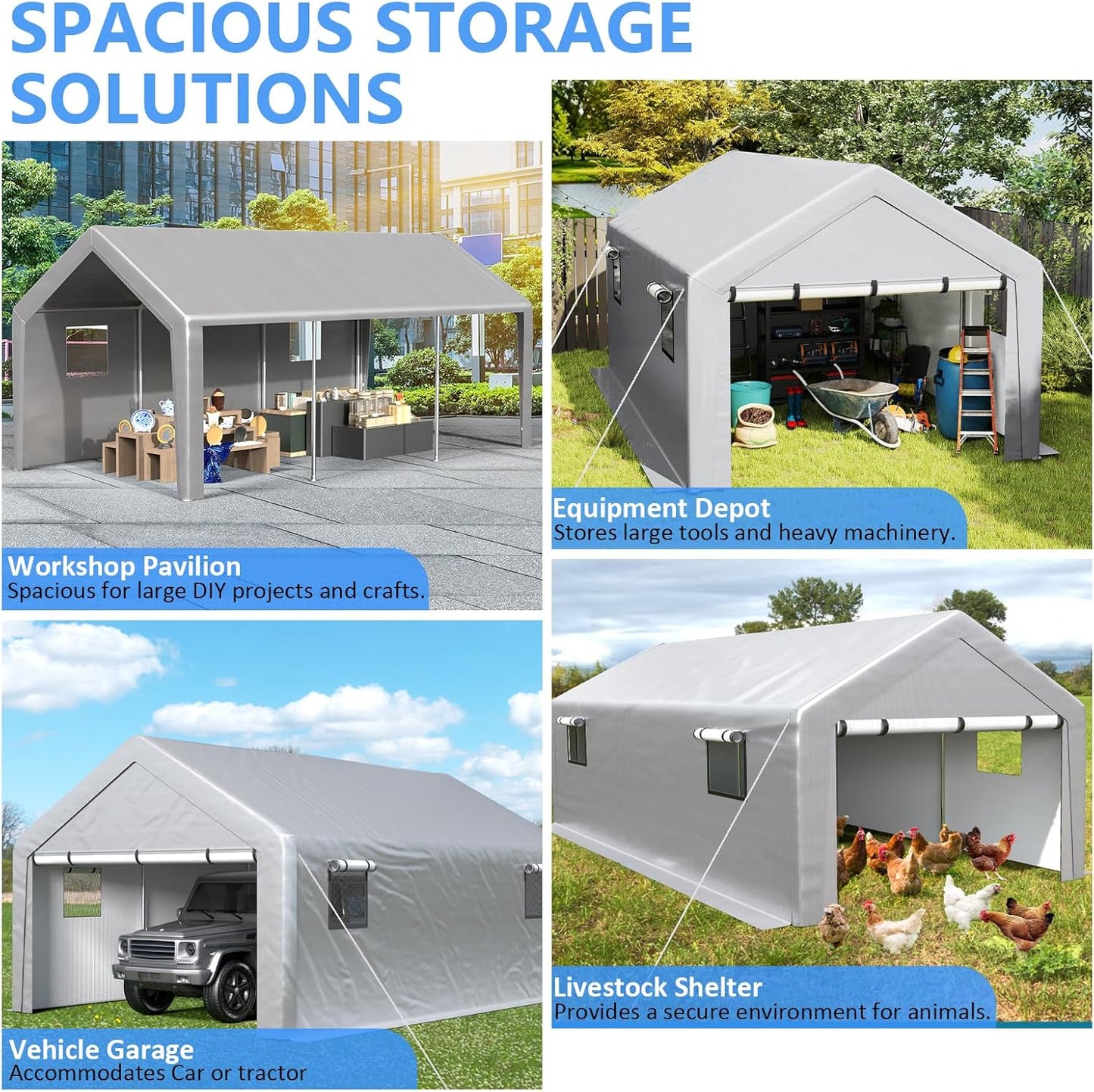 Carport 13x21ft Heavy Duty Large Outdoor Storage Shed with Roll-up Windows, Portable Garage w/Removable Sidewalls & Doors, Car Canopy Tent w/Sandbags & Tarp for Car Boat Truck