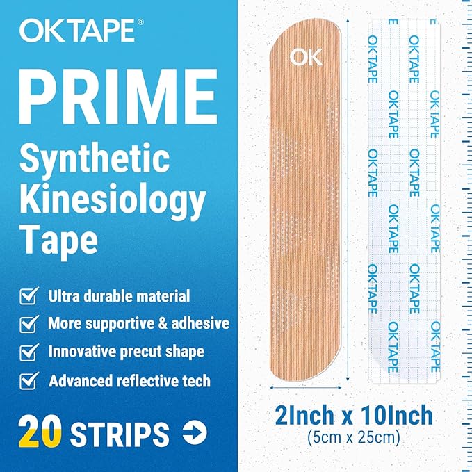 OK TAPE Synthetic Kinesiology Tape, 20 Strips, Precut K Tape, Performance Elastic Athletic Tape for Pain Relief & Muscle Support, Reflective Design, Waterproof, 2" x 10" -Beige
