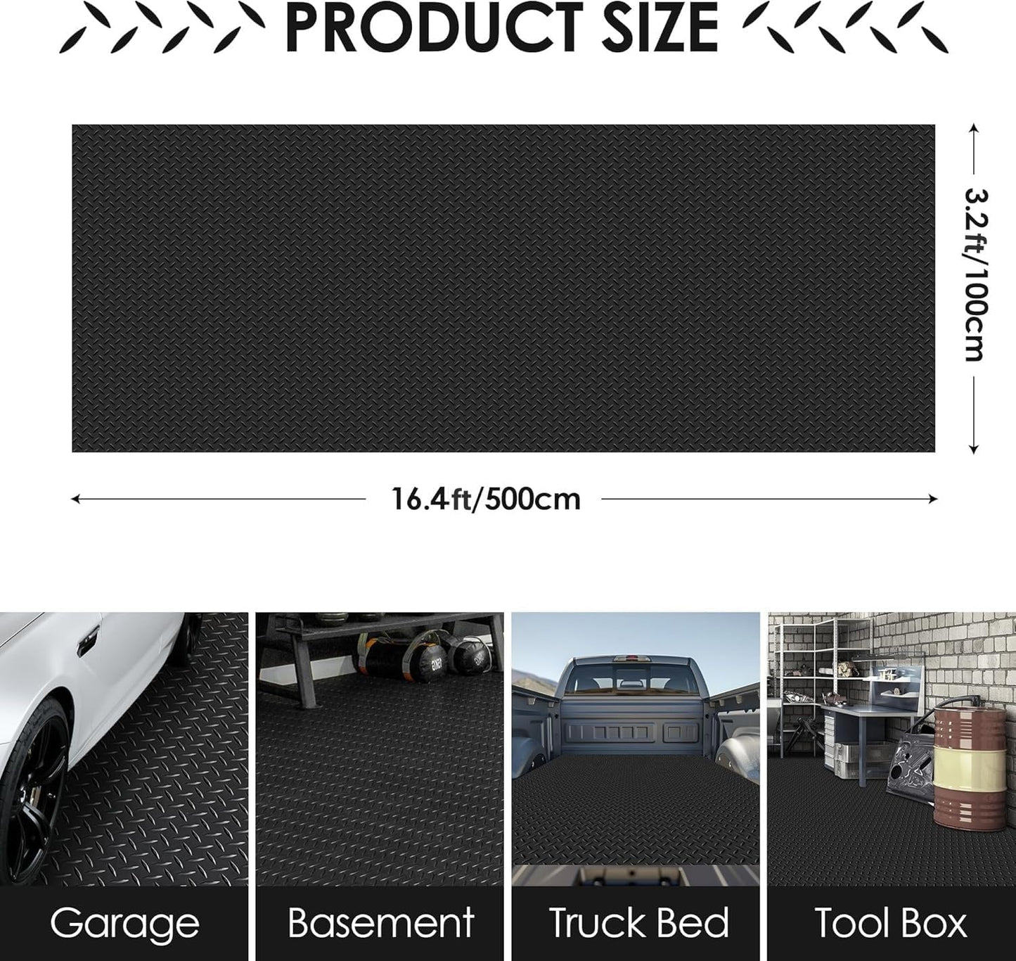 Garage Floor Mat, 16.4x3.2FT Diamond Plate Rubber Flooring Roll, PVC Non-Slip Floor Protector Mat, Thickness Waterproof Parking Mat for Under Car, Warehouse, Gyms, Trailer