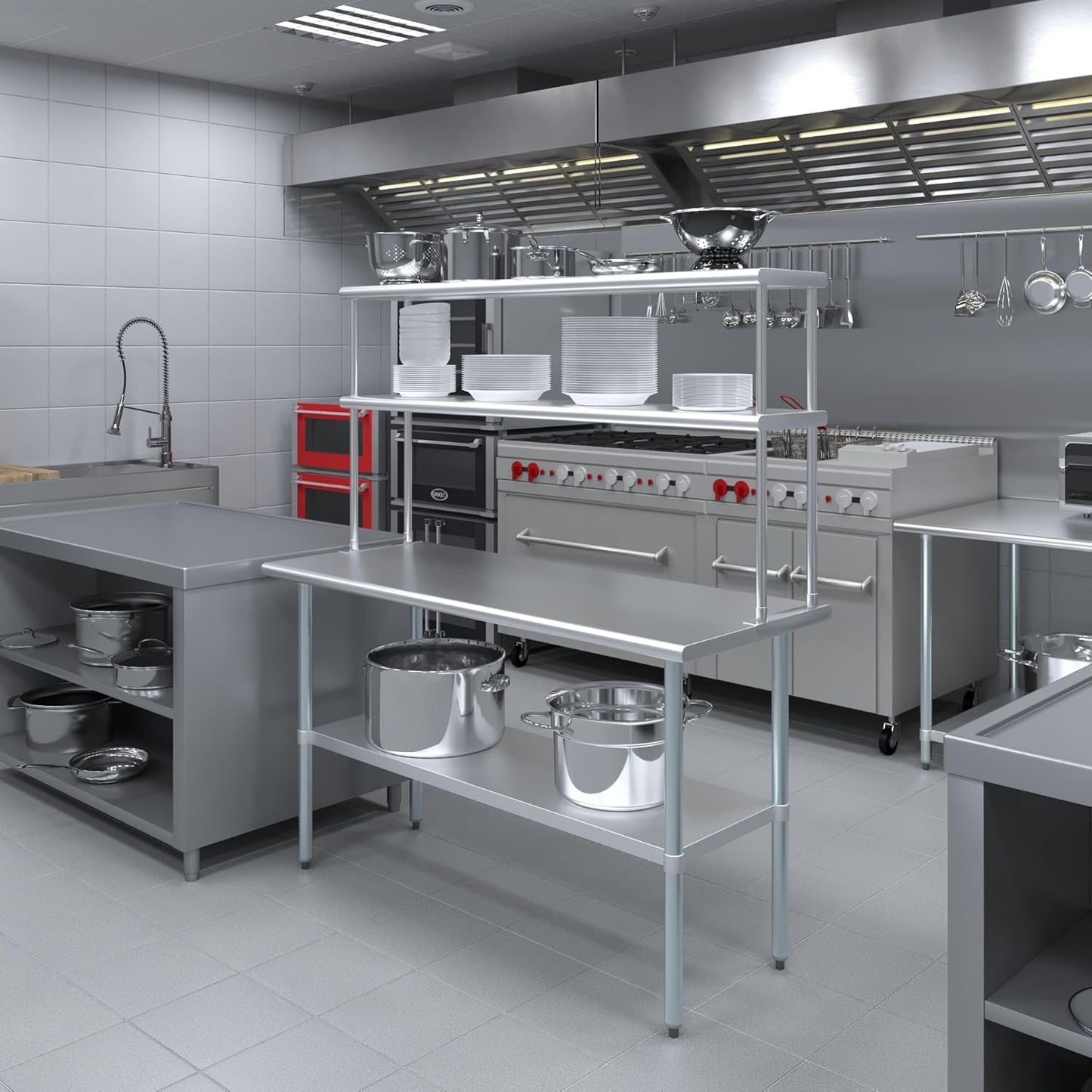 Amgood Stainless Steel Work Table Double Tier Overshelf | Metal Kitchen Prep Table & Shelving Combo (24" x 60" Work Table + 12" Overshelf)