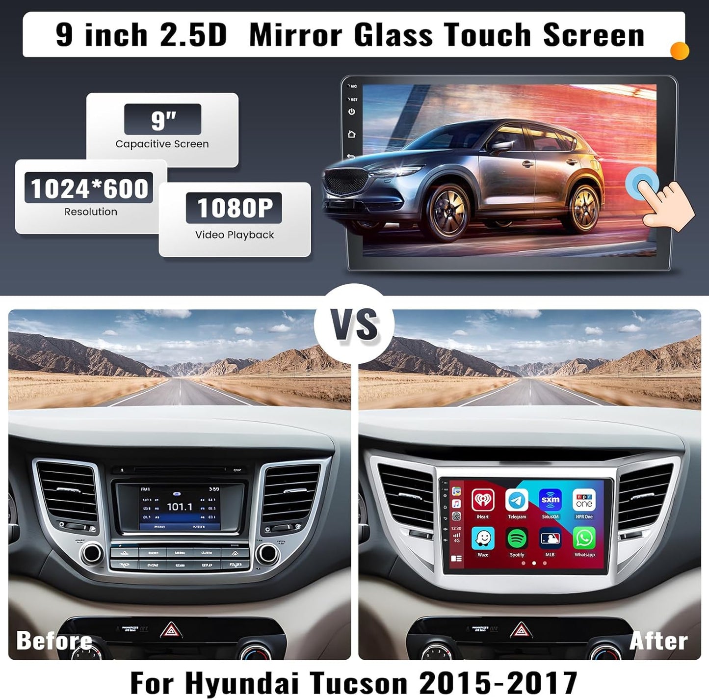 2G+32G 9 Inch Android Car Stereo for Hyundai Tucson 2015-2018 Radio Wireless Apple CarPlay Android Auto Bluetooth Touchscreen GPS Navigation Head Unit WiFi FM USB SWC Split Screen+AHD Backup Camera