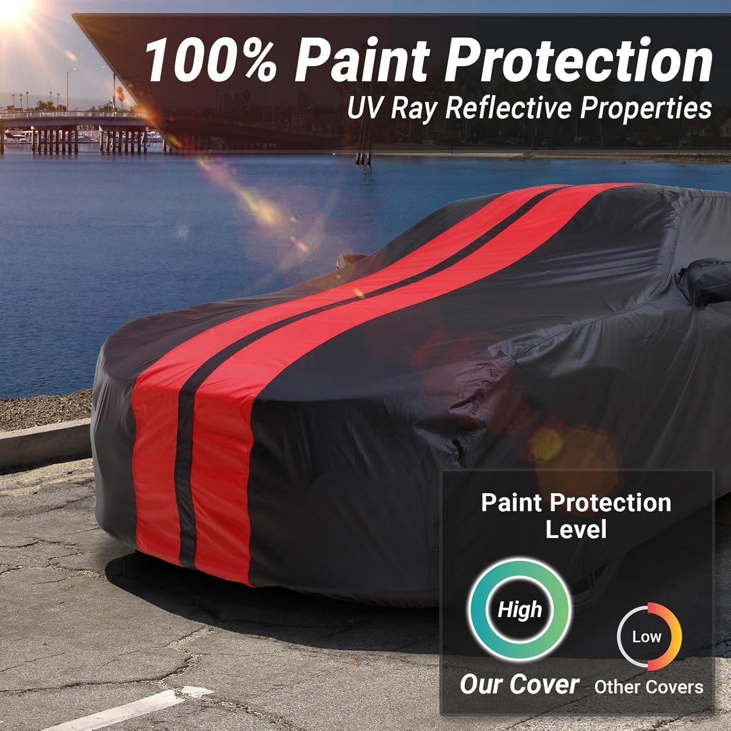 iCarCover Custom Car Cover for Pontiac J2000 (1981-1982) Waterproof All-Weather Rain Snow UV Sun Protector Full Exterior Indoor Outdoor Car Cover (Stripe - Black/Red)