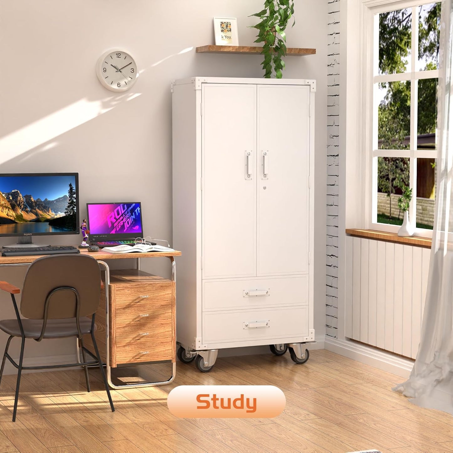 Rolling Storage Cabinet with 2 Doors and 2 Drawers, Heavy Duty Metal Storage Cabinet with Shelves, Locking Steel Cabinet for Warehouse, Home, Office (White)