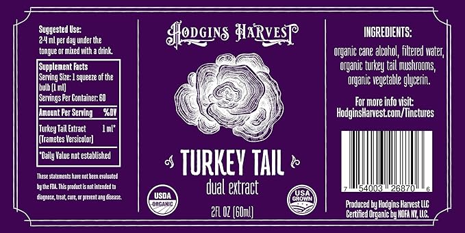 Hodgins Harvest Organic Turkey Tail Tincture | Made with Mushrooms Grown On Our Farm in The USA | Dual Extract | Extra-Concentrated (2 fl oz)