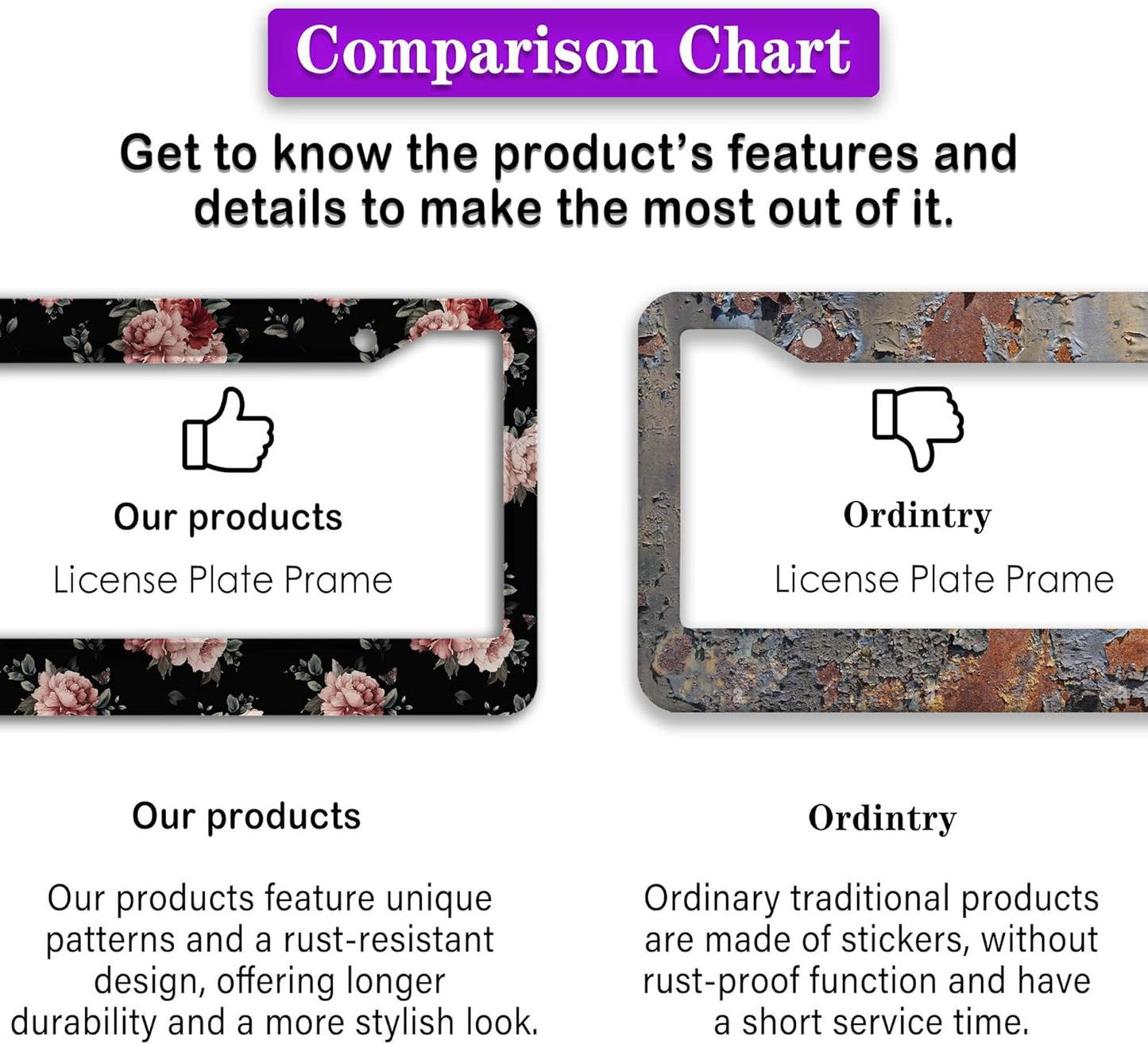 Fun License Plate Frame Protector License Plate Frames for Women Pink and Cream Dark Floral Universal Aluminum Car Accessory 2 Pack with Screw Covers Set