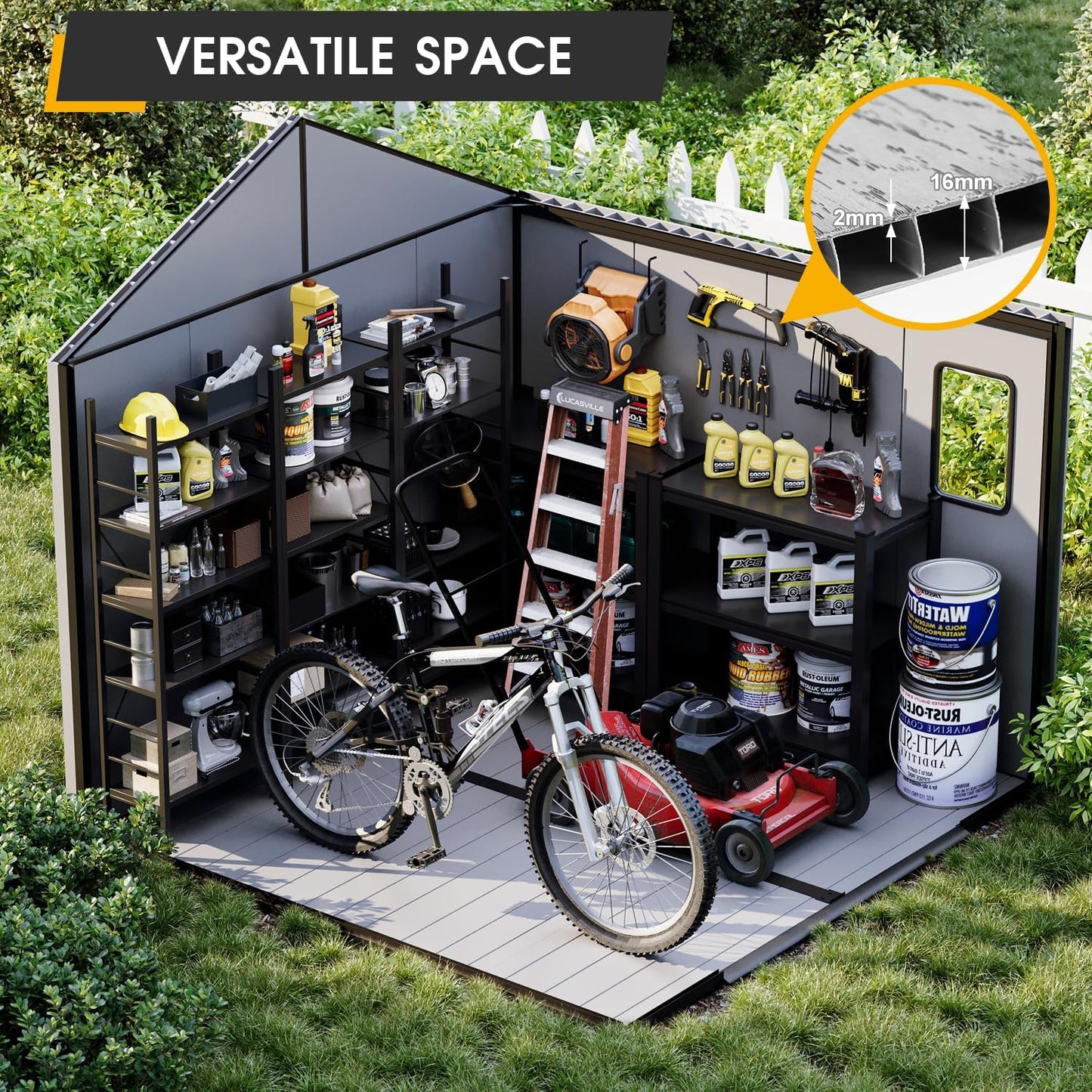 8 x 8 FT Resin Tool Shed, All-Weather Outdoor Storage Shed with Floor, Lockable Doors & Windows, Plastic Garden Shed for Poolside, Backyard, Patio