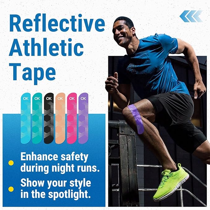 OK TAPE Synthetic Kinesiology Tape, 20 Strips, Precut K Tape, Performance Elastic Athletic Tape for Pain Relief & Muscle Support, Reflective Design, Waterproof, 2" x 10" -Black