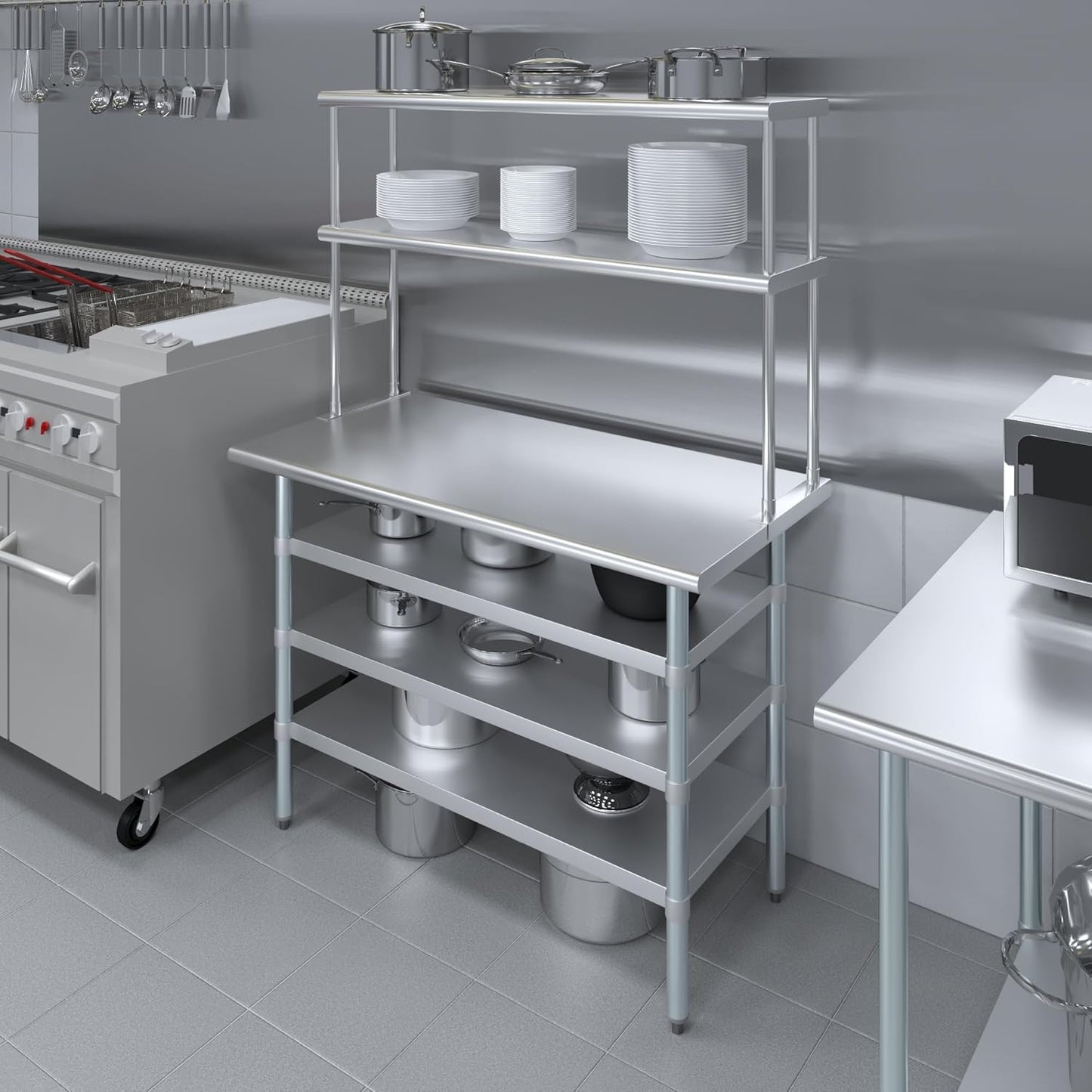 Amgood (24" x 48" Stainless Steel Work Table with 3 Shelves and 12" Wide Double Tier Overshelf | Metal Kitchen Prep Table & Shelving Combo | NSF