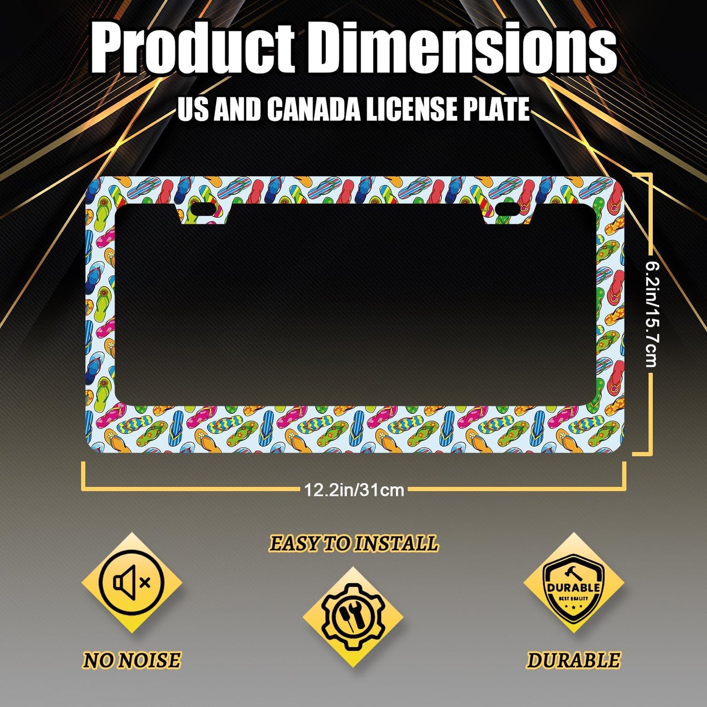 Flip Flops License Plate Frame Beach License Plate Holder Stainless Steel Colorful License Plate Car Accessory Funny License Plate Decoration Men Women Size 12.2" x 6.2" with Screws