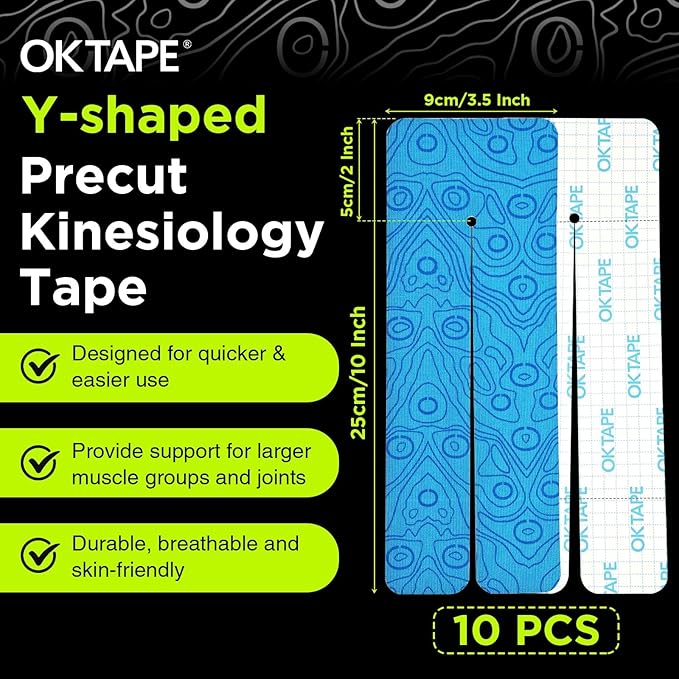 OK TAPE Precut Y-Shape Kinesiology Tape for Shoulder, Knee, Back, 10 Pcs, K Tape Strips, Provide Support & Relieve Discomfort, Water-Resistant Elastic Athletic Tape (3.5" x 10", Blue)