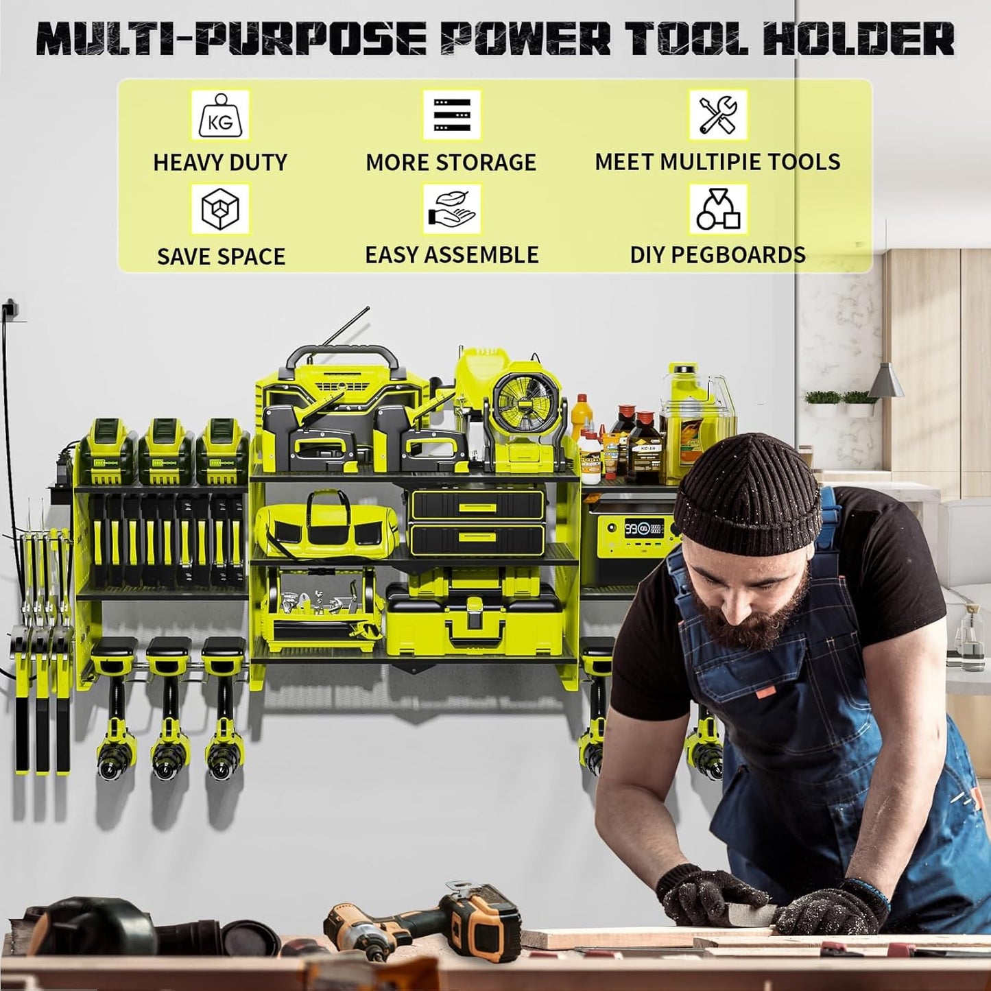 45" Large Power Tool Organizer Wall Mount with Charging Station - 3 Layer Storage Racks with 8 Cordless Drill Holder, 4 Hooks, Heavy Duty Garage Tool Organizer Storage for Workshop Pegboard Basement
